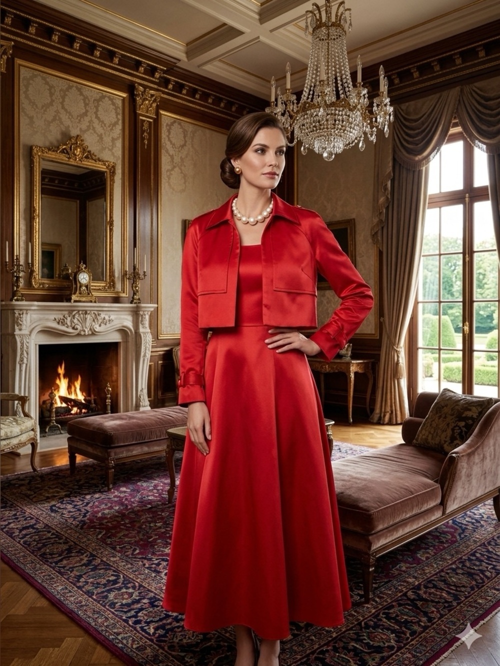 Elegant Red Satin Crop Jacket and Dress Set - Women size 10